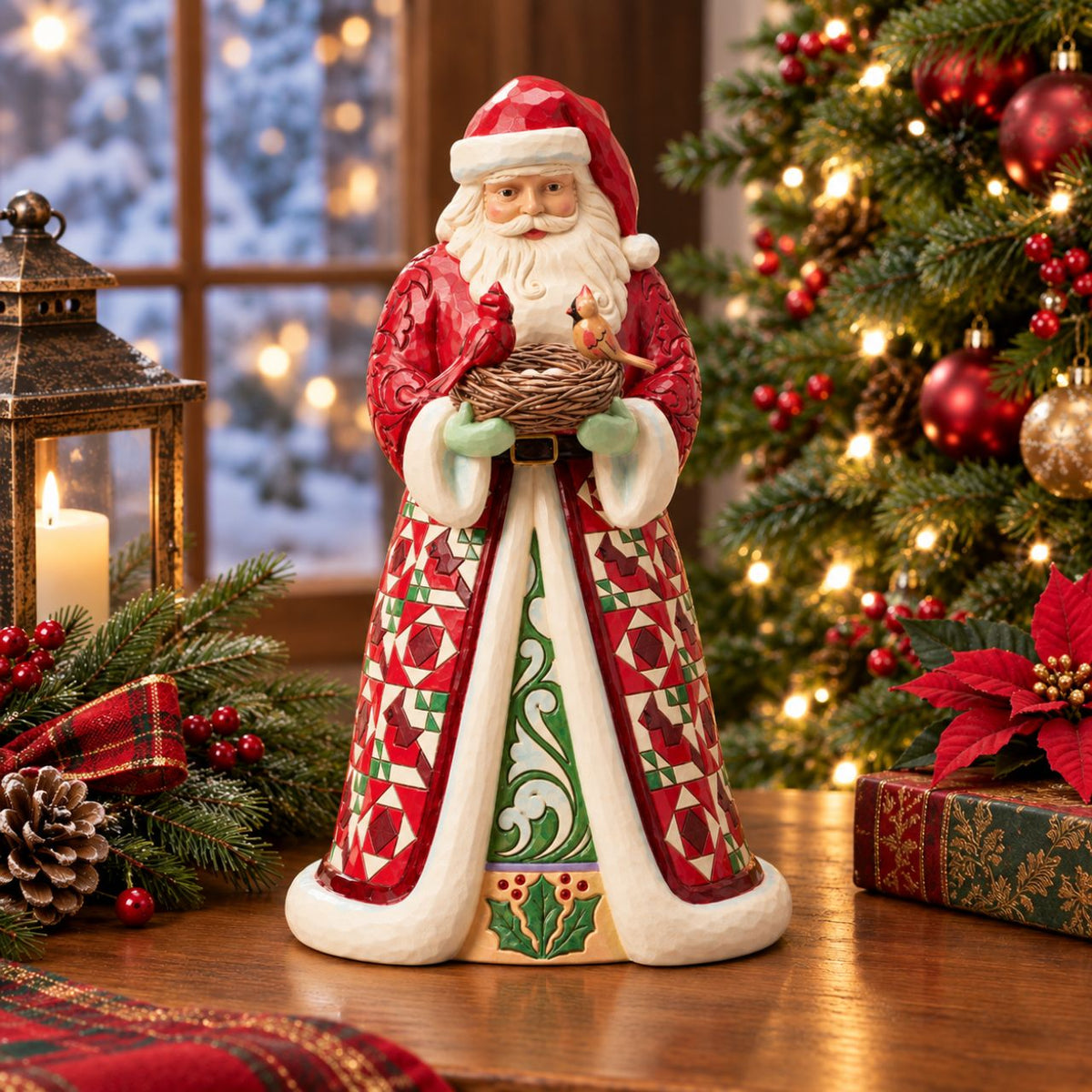 Celebrate the warmth of the season with this distinguished Collector's Edition Santa from Jim Shore's Heartwood Creek collection. Standing proudly with a nest of cardinals nestled in his arms, this beautifully crafted design reveals a charming surprise inside – delicate cardinal eggs waiting to be discovered.