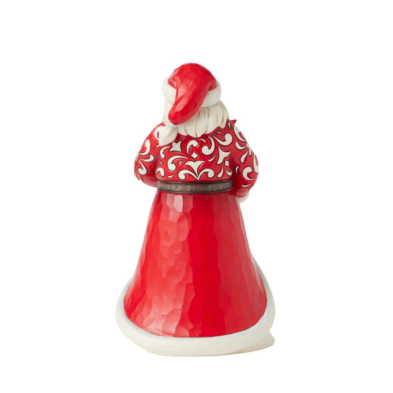 With a peaceful smile, this Jim Shore Santa holds a vase of vibrant amaryllis flowers, symbolizing the beauty and resilience of winter. His intricately patterned rosemaling coat adds a timeless touch of serenity to your holiday home décor.