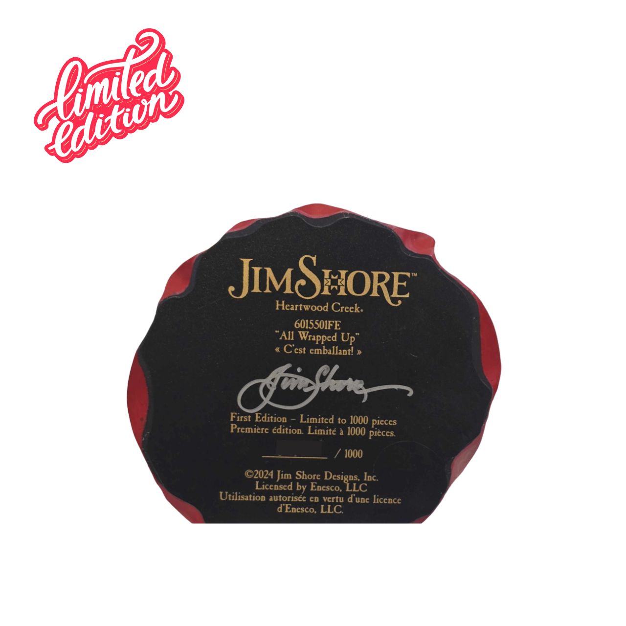 First Edition Signed Figurine - Limited Quantity. Santa is ready to deliver this Christmas. Hand painted, this figurine features Santa with arms full of gifts and is the perfect addition to any festive display. Comes with Jim's signature and series number on a special stamp on the underside. This is one of 1,000 worldwide. 