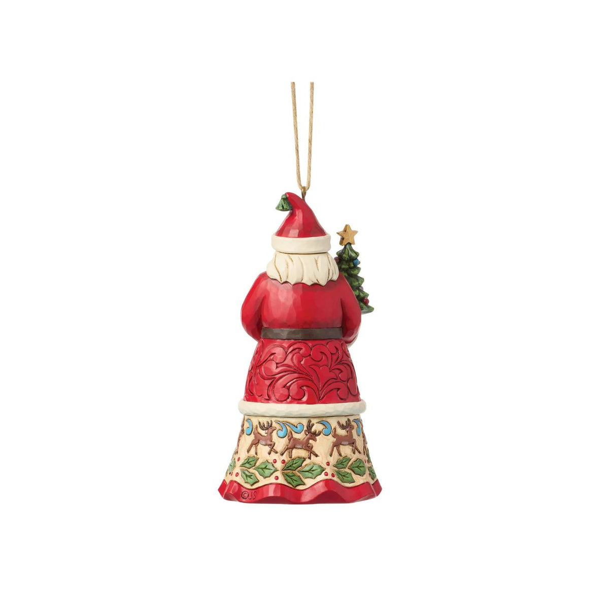 Celebrate the magic of Christmas with this enchanting Santa figurine from Heartwood Creek by Jim Shore. Depicting Santa Claus lovingly holding a variety of colourful gifts, this piece is meticulously crafted with intricate details and folk-art inspired patterns.