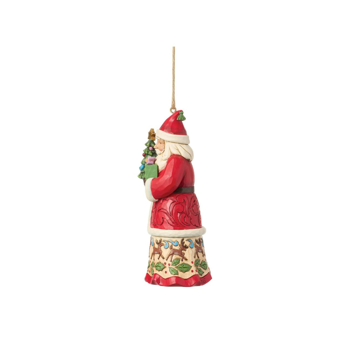Celebrate the magic of Christmas with this enchanting Santa figurine from Heartwood Creek by Jim Shore. Depicting Santa Claus lovingly holding a variety of colourful gifts, this piece is meticulously crafted with intricate details and folk-art inspired patterns.