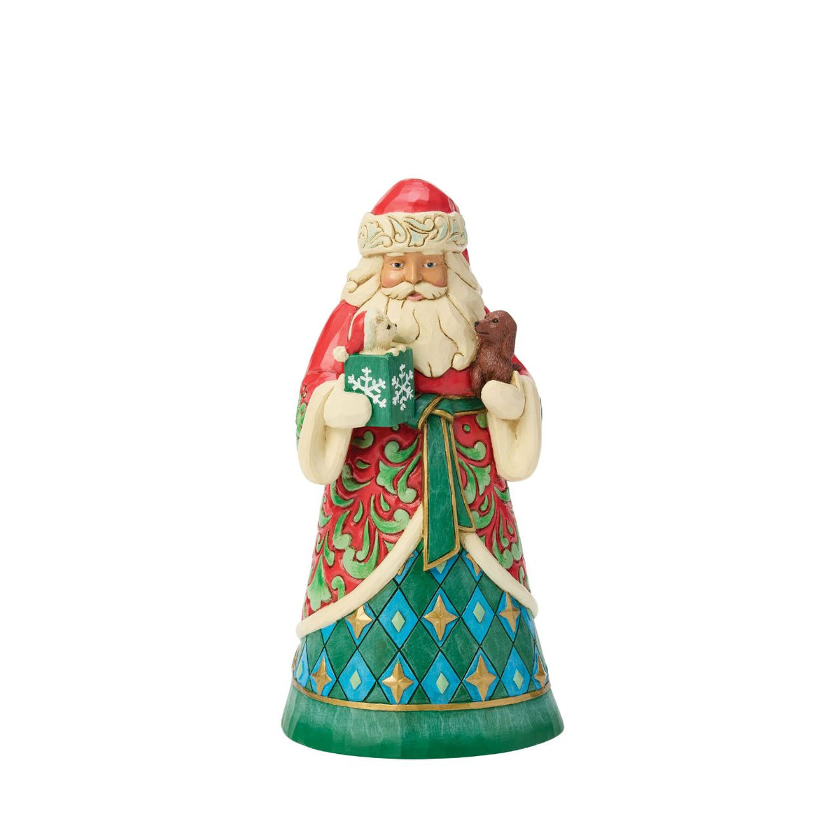 This sweet Santa is joined by his furry friends, each one brimming with personality and sweetness. Jim Shore's artistry captures the joy our pets bring to the season, and inspires us to spread cheer. A perfect gift for animal lovers at Christmastime.