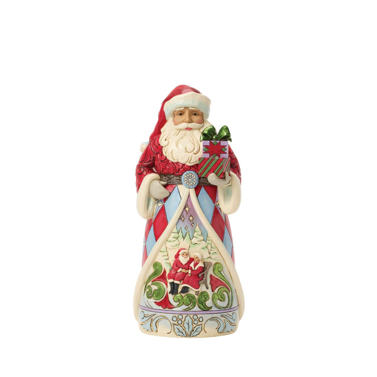 A charming winter scene unfolds on Santa's cloak. Santa and Mrs. Claus share the joy of the season. Jim Shore's detailed folk art makes this Santa both a decoration and a narrative treasure. A must-have for collectors and North Pole lore lovers.