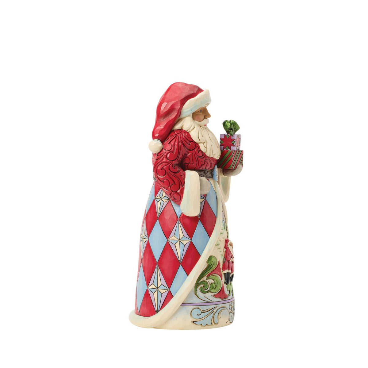 A charming winter scene unfolds on Santa's cloak. Santa and Mrs. Claus share the joy of the season. Jim Shore's detailed folk art makes this Santa both a decoration and a narrative treasure. A must-have for collectors and North Pole lore lovers.