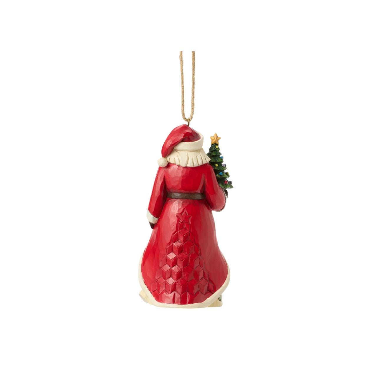 This enchanting Jim Shore Christmas tree ornament features Santa holding a miniature tree and gifts, ready to spread holiday cheer. His cloak opens to reveal a serene winter scene with a playful reindeer frolicking through the snow.