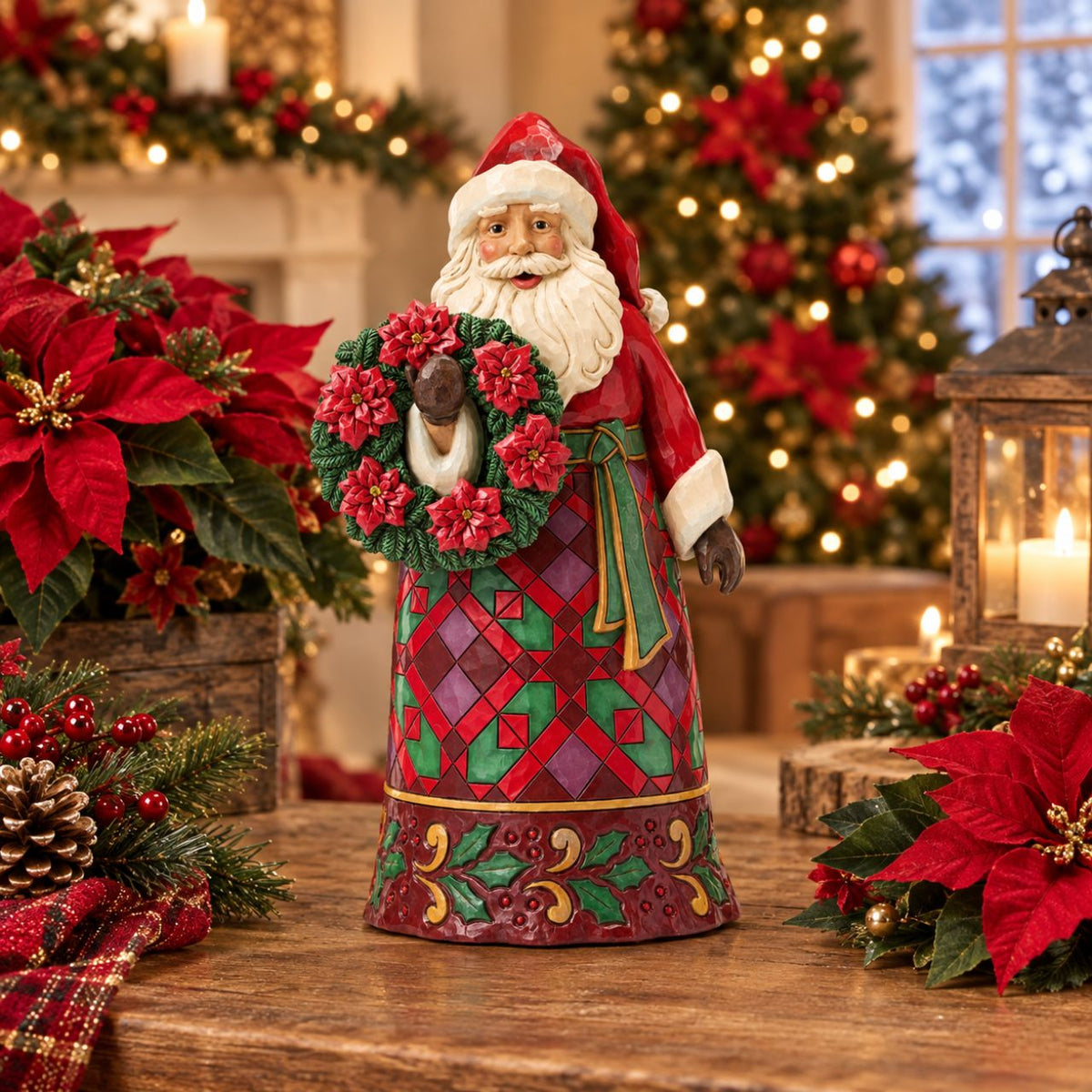 Santa holds a wreath ornamented with vivid poinsettias, a symbol of Christmas joy. Jim Shore's intricate rosemaling and warm colours make this Santa timeless holiday accent. A beautiful way to bring floral festivity to your home.