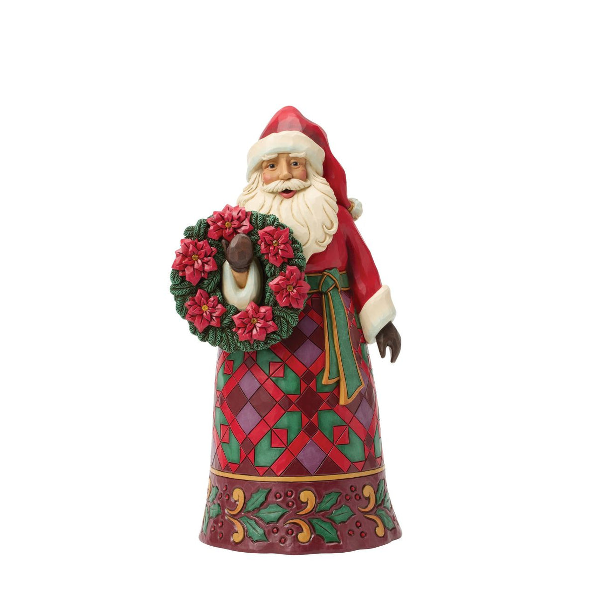 Santa holds a wreath ornamented with vivid poinsettias, a symbol of Christmas joy. Jim Shore's intricate rosemaling and warm colours make this Santa timeless holiday accent. A beautiful way to bring floral festivity to your home.