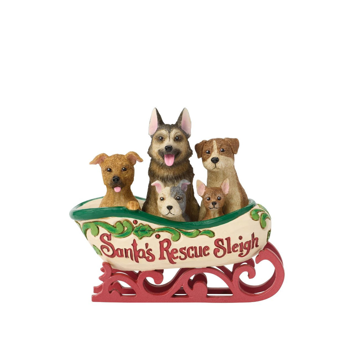 Santa's Rescue Sleigh is delivers loving companions all over the world. A band of adorable pups wait to be welcomed home. Jim Shore's craftsmanship turns a playful moment into a heart-warming decoration.