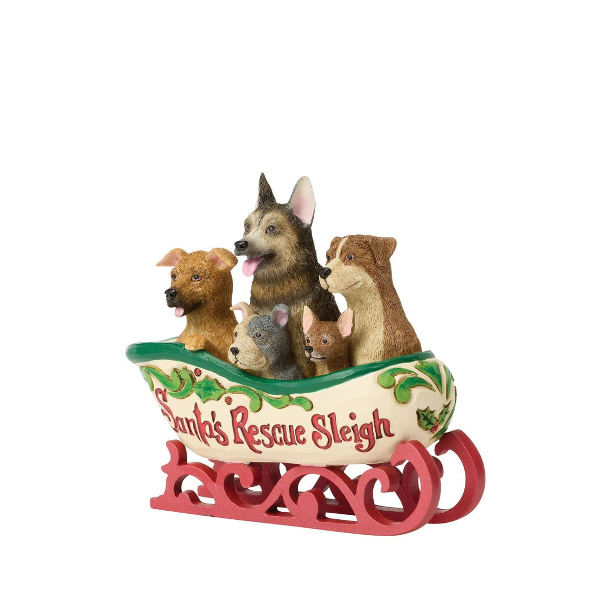 Santa's Rescue Sleigh is delivers loving companions all over the world. A band of adorable pups wait to be welcomed home. Jim Shore's craftsmanship turns a playful moment into a heart-warming decoration.