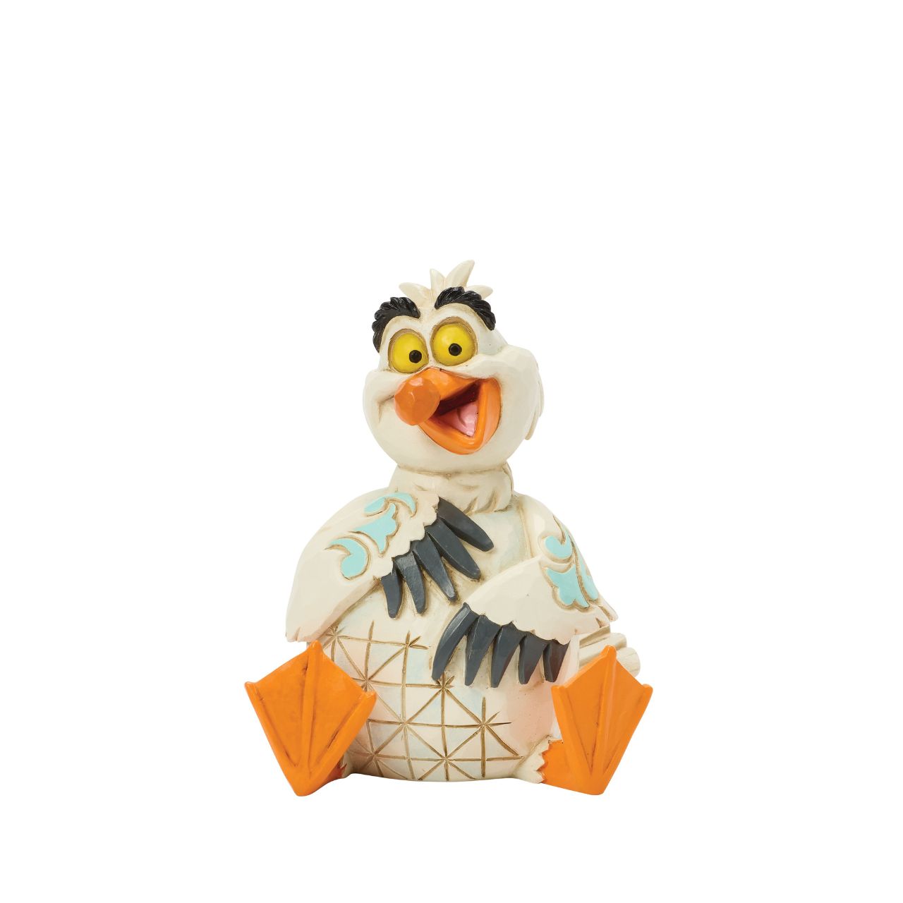This Jim Shore miniature features Scuttle, the eccentric Seagull from The Little Mermaid, with vibrant rosemaling and charming patchwork details. With a bright smile and playful expression, you can almost hear his joyful laugh.