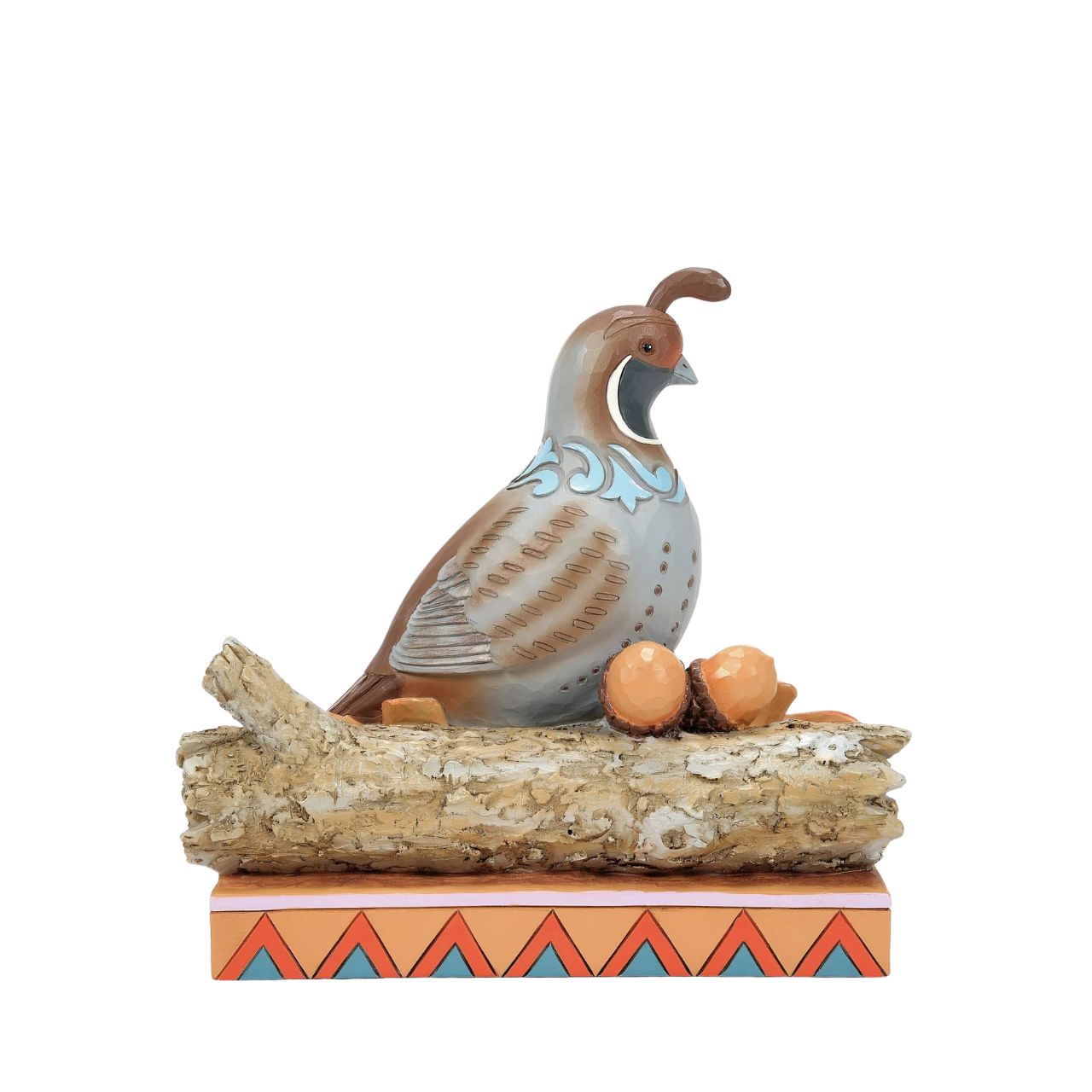 Capture the essence of autumn with this charming Jim Shore figurine of a quail perched on a branch with fall-colored leaves. Delicate blue rosemaling accents the orange leaves and acorns, allowing the piece to radiate with the warmth of the season.