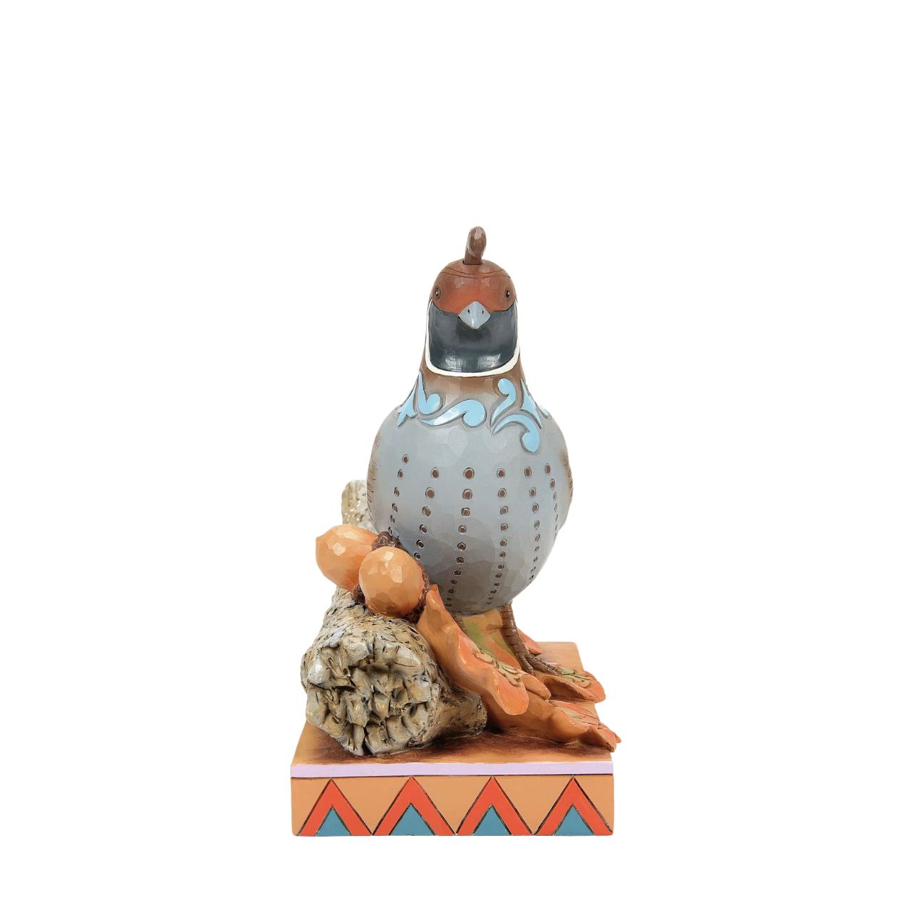 Capture the essence of autumn with this charming Jim Shore figurine of a quail perched on a branch with fall-colored leaves. Delicate blue rosemaling accents the orange leaves and acorns, allowing the piece to radiate with the warmth of the season.