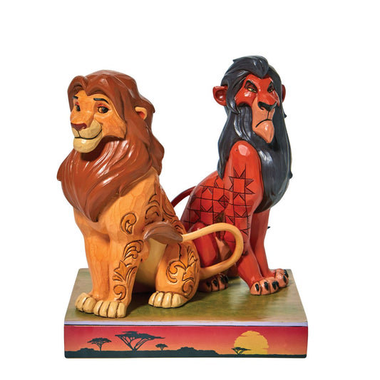 The Lion King Simba & Scar Figurine "Proud and Petulant" by Jim Shore  "Proud and Petulant" This Jim Shore piece ventures into the African savanna to share a scene of good and evil. Striking a winning pose, Simba, the rightful king, smiles next to his murderous uncle, Scar. The pair of lions make a daring duo of strength and pride.
