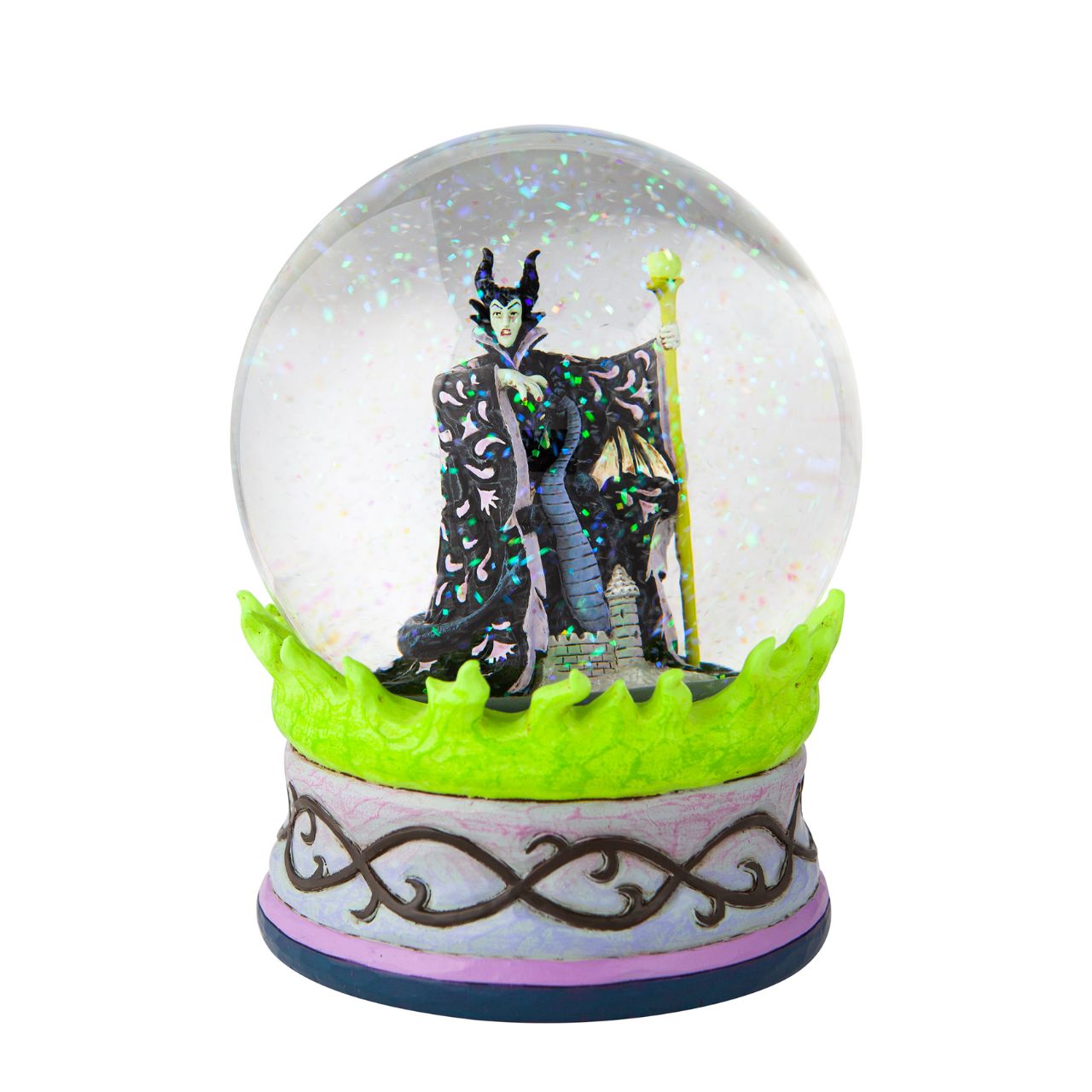 Disney's Sleeping Beauty Maleficent  Christmas Snow Globe  This waterball is almost caldron-like with it's eerie green flames and evil centerpiece. Maleficent, the bitter witch of Disney's Sleeping Beauty, strikes a dubious pose in the water. With immaculate craftsmanship this Jim Shore piece astonishes.