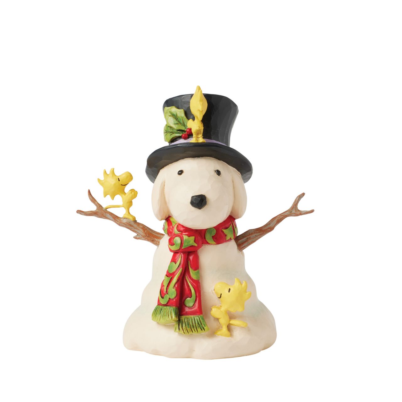 This cheerful creation from Jim Shore shares a scene of Woodstock and his brothers sculpting a snowman in the shape of Snoopy. Modelling their creation after their best friend, the birds lovingly adjust the snowman's hat and rosemale scarf.