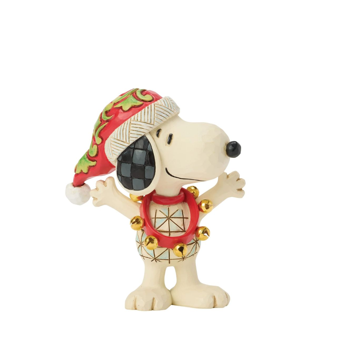 Wearing a festive Santa hat with swirling details, Snoopy jingles in holiday style with festive bells in this Jim Shore figurine. Compact and colourful, it brings a half pint helping of Peanuts cheer to your Christmas display.
