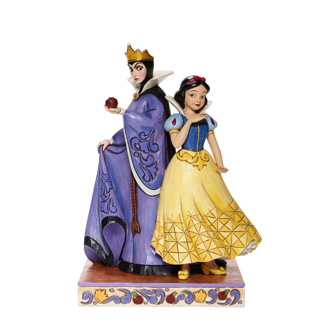 Evil and Innocence - Snow White and Evil Queen Figurine  Snow White is back-to-back with the Evil Queen in this handcrafted design inspired by the Disney classic. Richly detailed, this compelling scene of good and evil features the vibrant colour and folk-art motifs that are unmistakably Jim Shore.