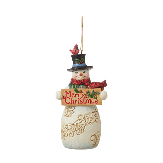 Snowman with Christmas Sign Hanging Ornament  Celebrate Christmas with this beautiful hand crafted and hand painted Snowman with Christmas Sign Hanging Ornament. Decorate your Christmas Tree with this intricate hanging ornament.