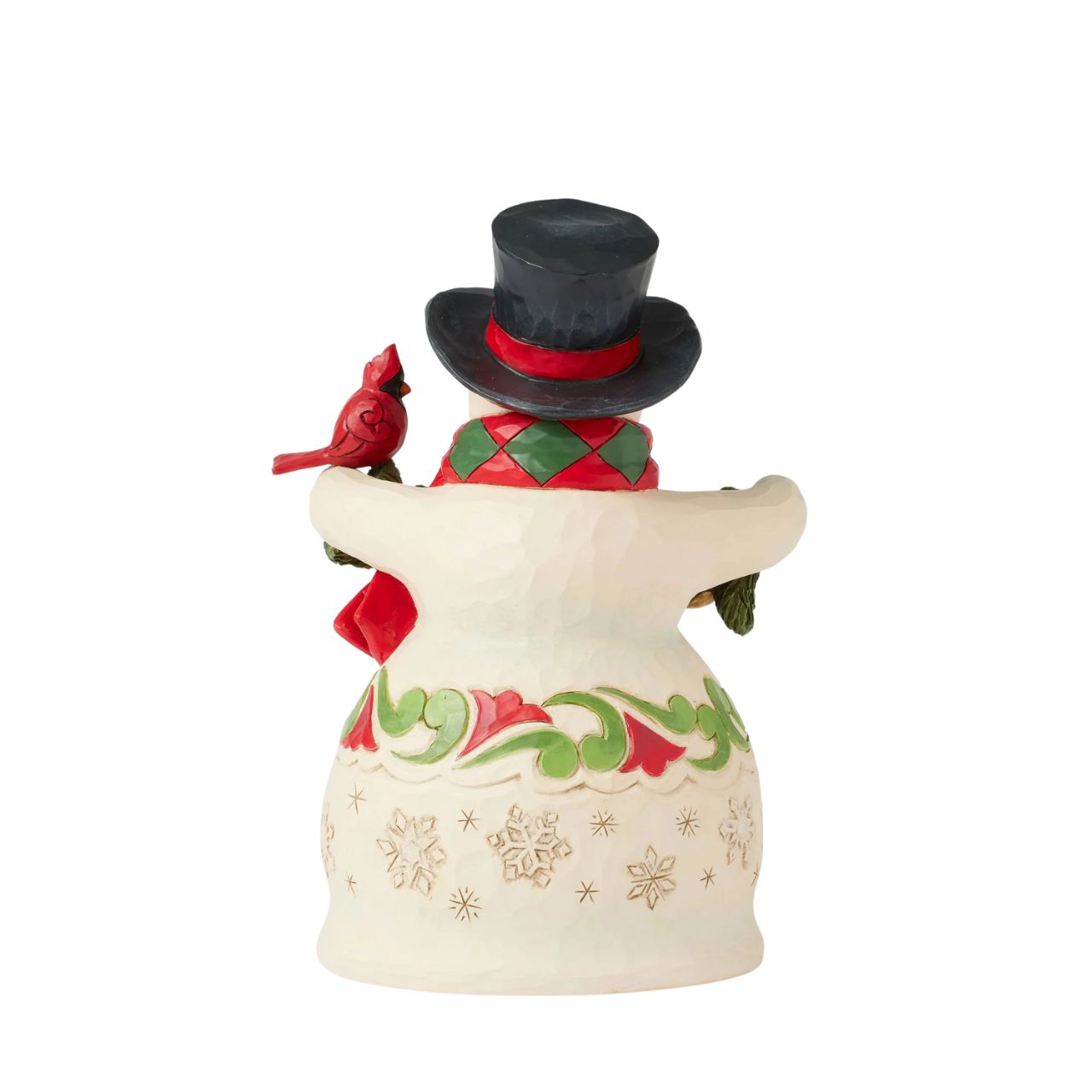 This charming snowman wears intricate snowflakes and Jim Shore's iconic rosemaling designs, spreading festive cheer while holding garland and a cardinal. Wearing a holly-trimmed top hat and a smile, he makes the season brighter.