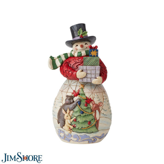 Snowman with Gifts Figurine by Jim Shore   Designed by award winning artist Jim Shore as part of the Heartwood Creek Christmas Collection, hand crafted using high quality cast stone and hand painted, this Snowman with gifts is perfect for the Christmas season. 