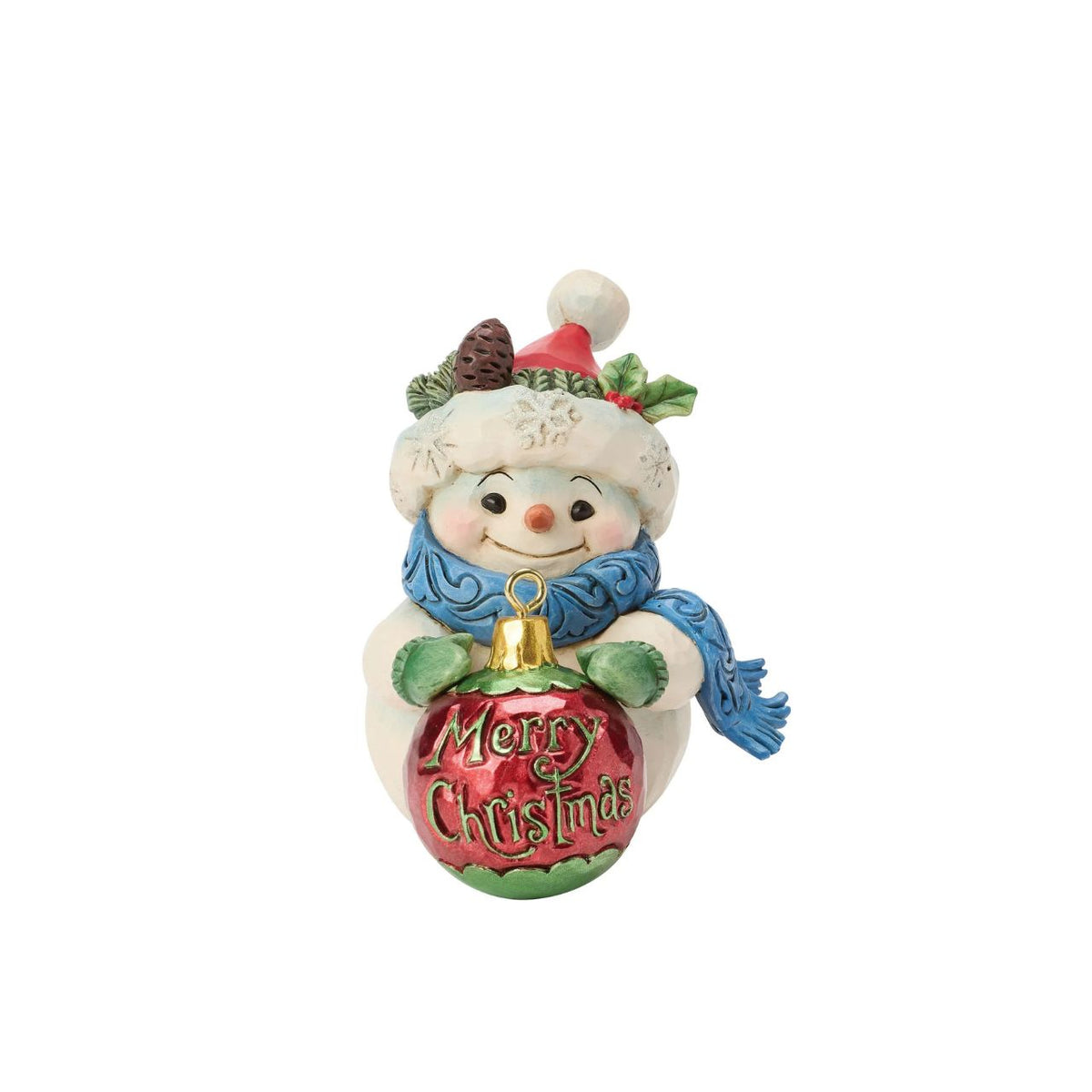 Embrace the enchantment of winter with this delightful miniature snowman figurine from Heartwood Creek by Jim Shore. This endearing snowman holds a large, beautifully detailed ball, showcasing Jim Shore's signature folk-art style.