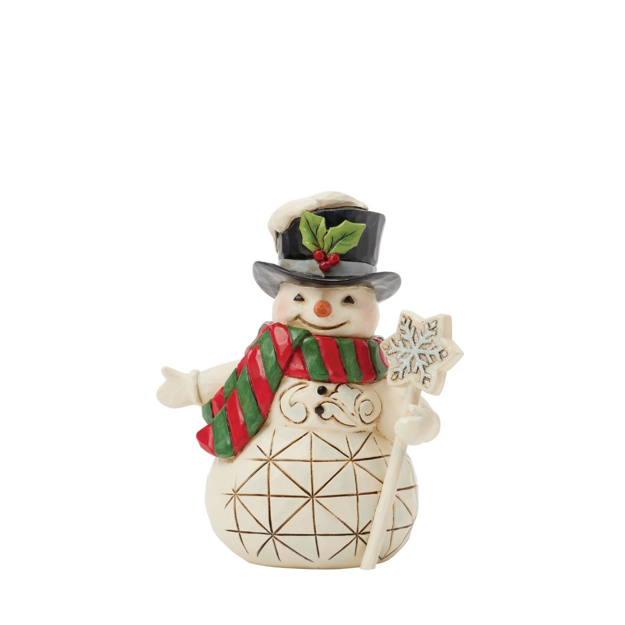 This delightful Jim Shore miniature snowman brings holiday cheer with a snowflake-topped cane and a festive red and green. His charming top hat, adorned with holly and dusted with snow, makes him a joyful addition to your holiday home.