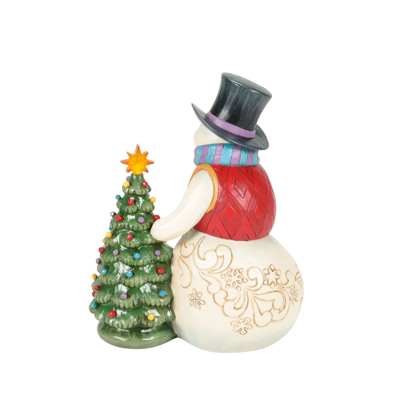 This enchanting Jim Shore snowman, dressed in a gorgeous tunic, scarf, and holly-brimmed top hat, stands beside a decorated Christmas tree and the star lights up. Adorned with snowflakes and rosemaling, he brings a vintage warmth to your holiday home.