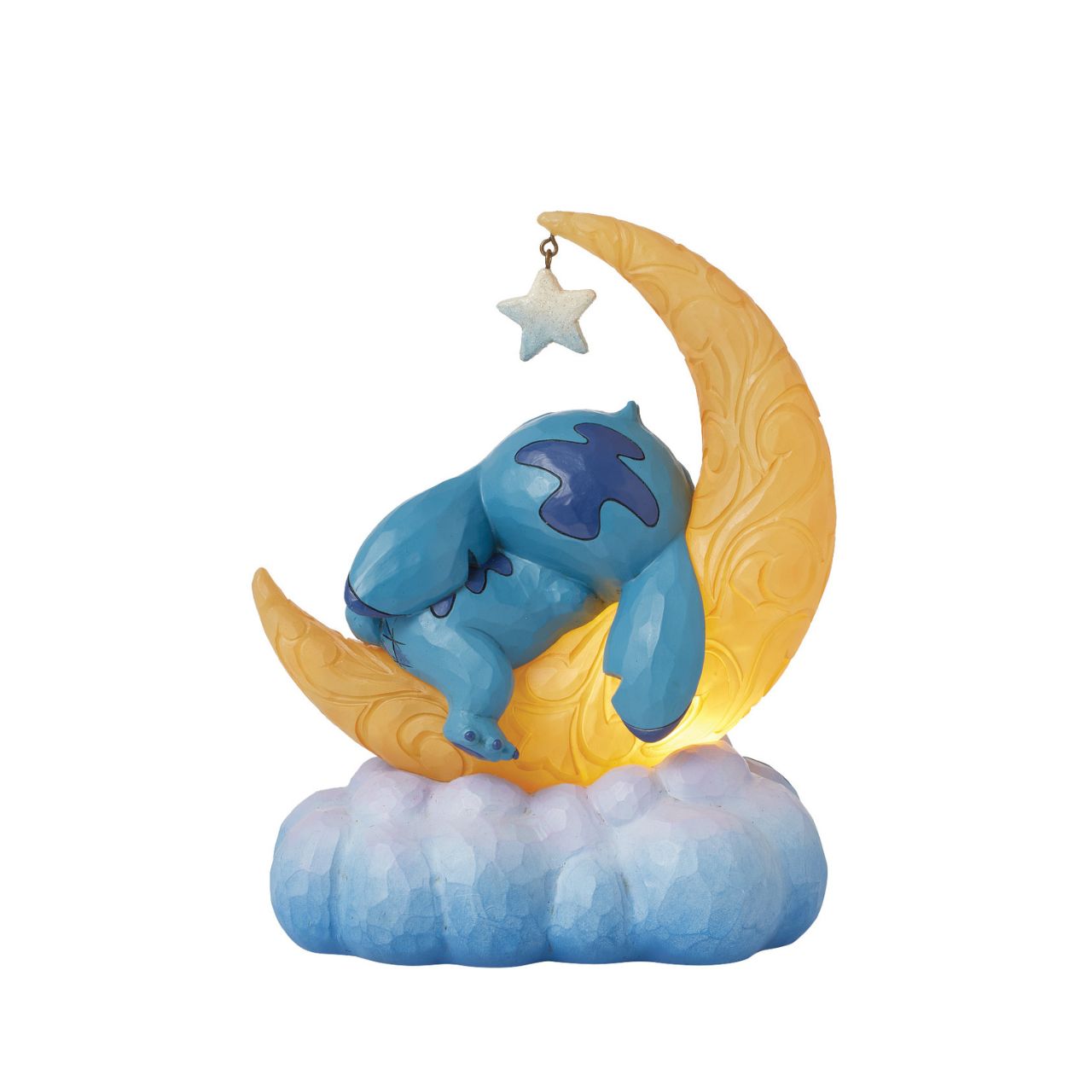 Snuggled up with his plush Scrump, Disney's Stitch is ready for dreamland. Asleep on a crescent moon that glows, this is the perfect addition to any display or bedroom. Requires 3x AAA batteries (not included), uses an automatic timer for 6 hours on, 18 hours off.