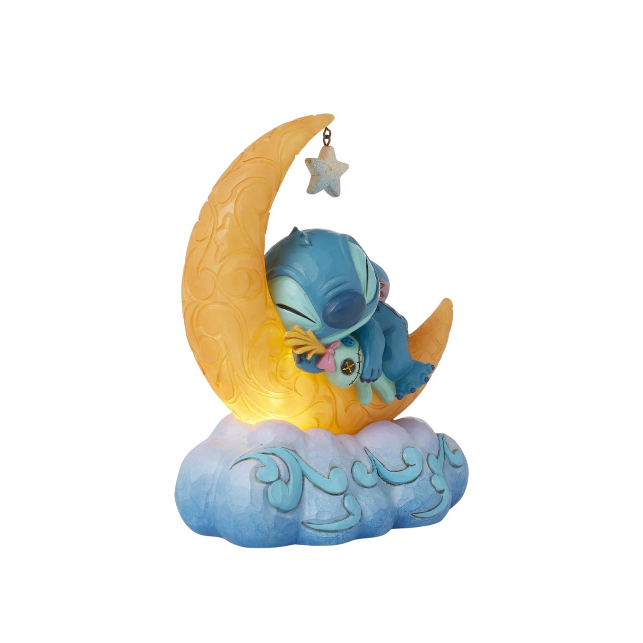 Snuggled up with his plush Scrump, Disney's Stitch is ready for dreamland. Asleep on a crescent moon that glows, this is the perfect addition to any display or bedroom. Requires 3x AAA batteries (not included), uses an automatic timer for 6 hours on, 18 hours off.