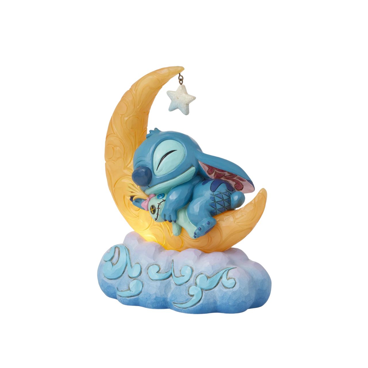 Snuggled up with his plush Scrump, Disney's Stitch is ready for dreamland. Asleep on a crescent moon that glows, this is the perfect addition to any display or bedroom. Requires 3x AAA batteries (not included), uses an automatic timer for 6 hours on, 18 hours off.