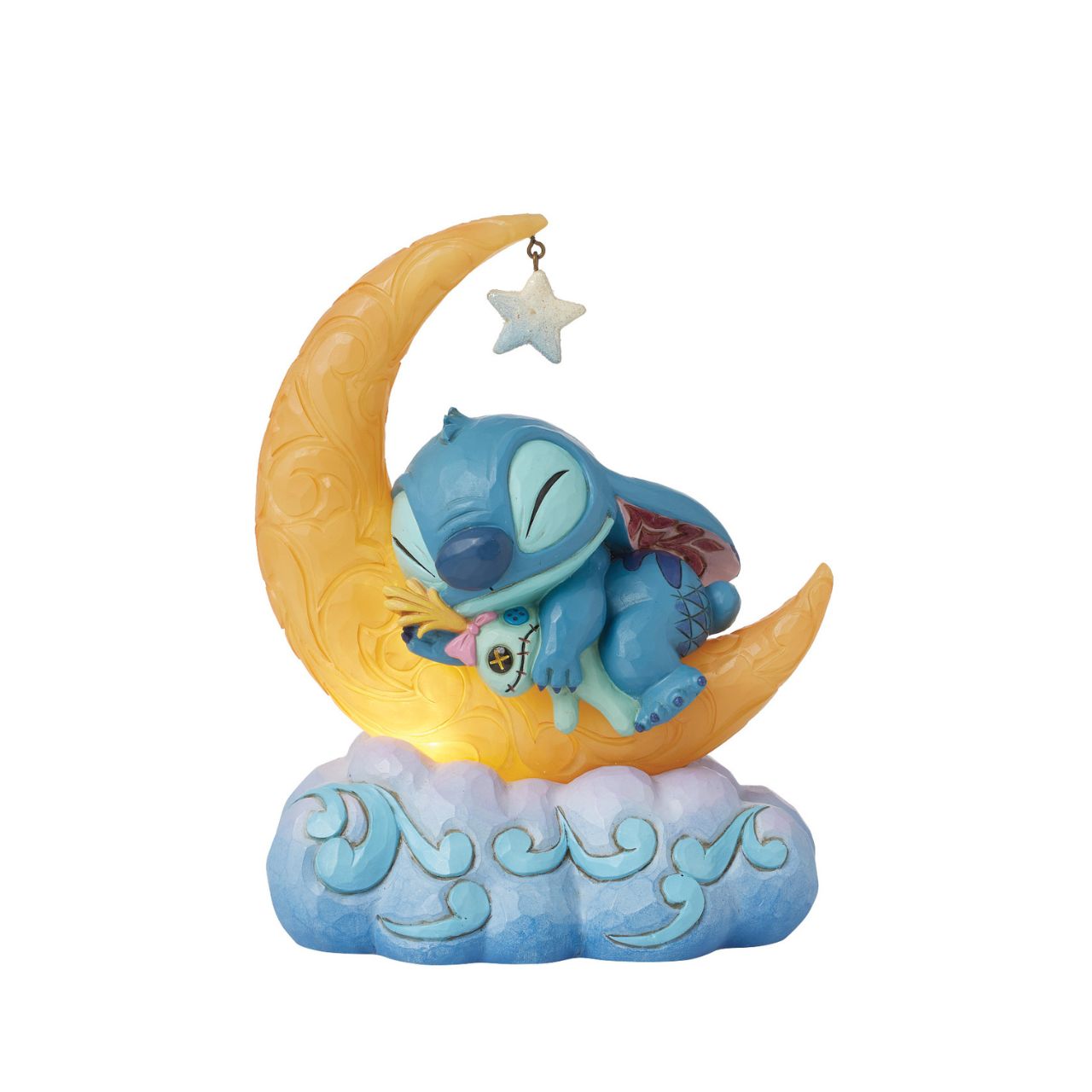 Snuggled up with his plush Scrump, Disney's Stitch is ready for dreamland. Asleep on a crescent moon that glows, this is the perfect addition to any display or bedroom. Requires 3x AAA batteries (not included), uses an automatic timer for 6 hours on, 18 hours off.