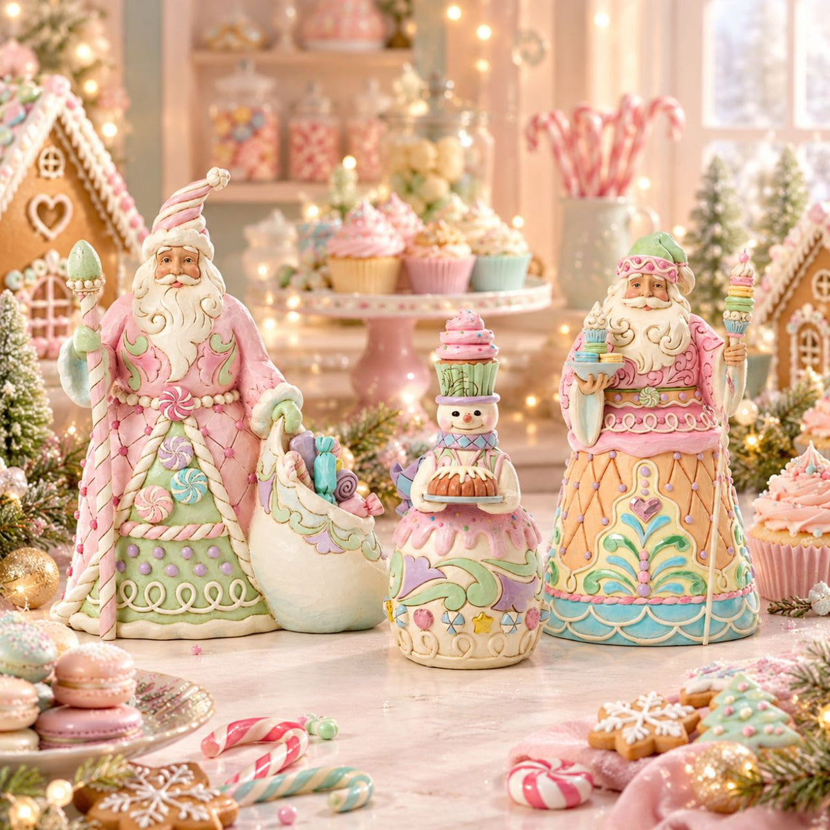 This adorable Heartwood Sweets Santa designed by Jim Shore is dressed in delightful pastel pinks and greens, adorned with whimsical sugar plum candies.