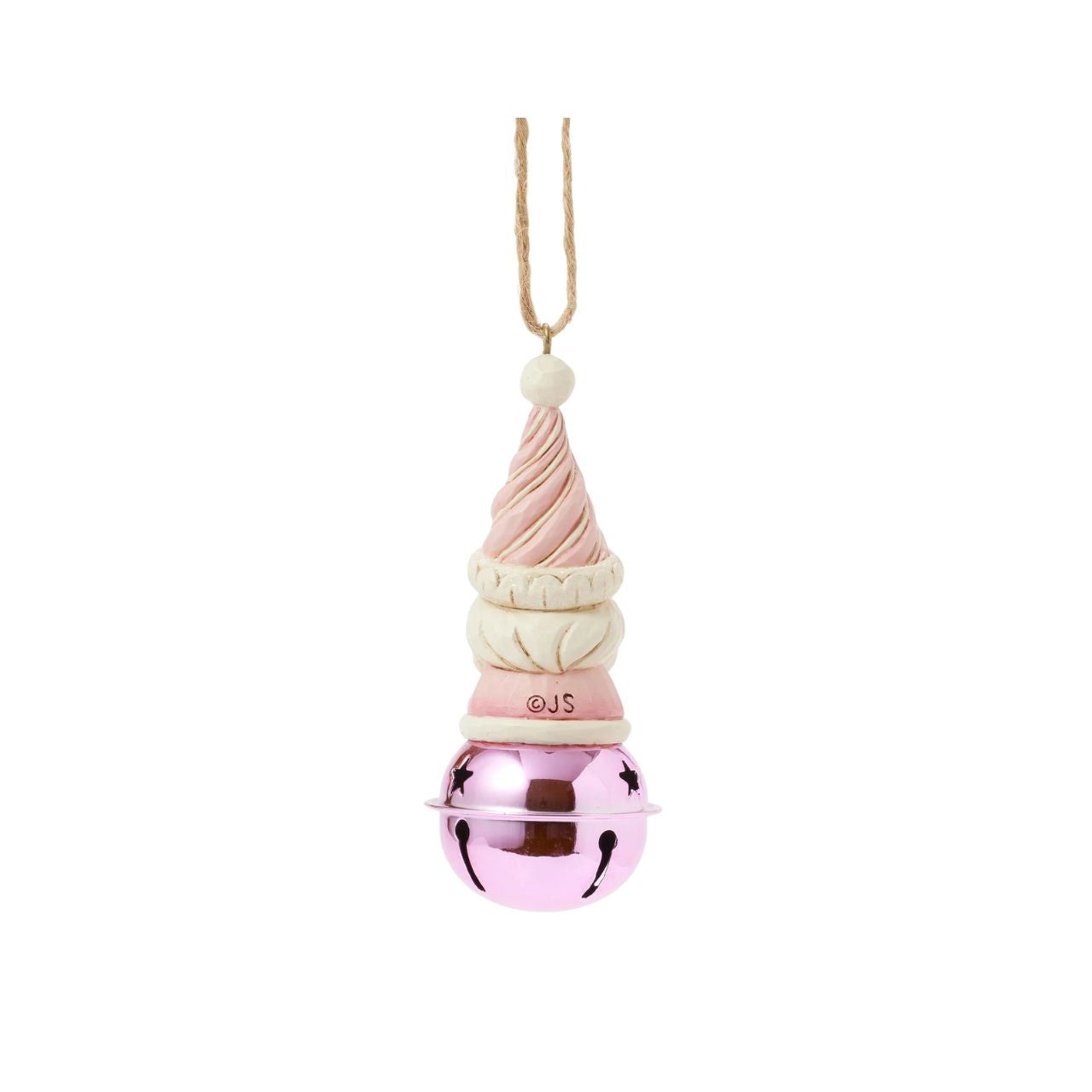 This delightful Jim Shore Heartwood Sweets jingle bell ornament features a charming miniature bust of Santa, complete with a pastel pink icing hat and rosy cheeks that exude holiday cheer. Ring in the season with Jim Shore.