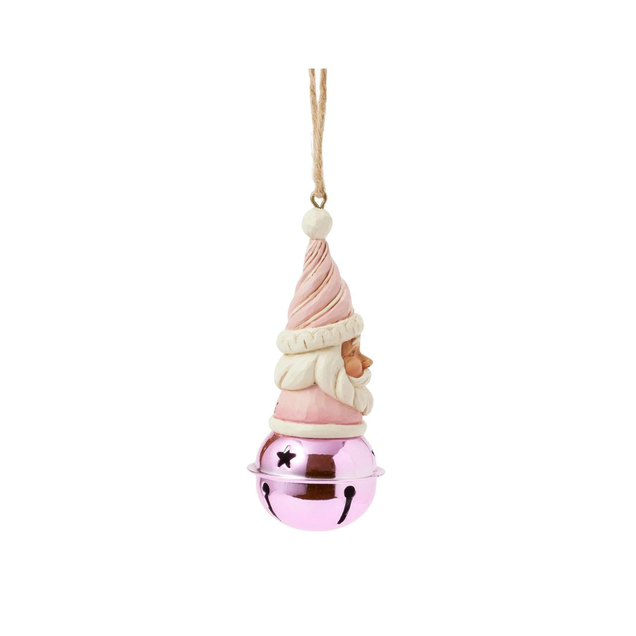 This delightful Jim Shore Heartwood Sweets jingle bell ornament features a charming miniature bust of Santa, complete with a pastel pink icing hat and rosy cheeks that exude holiday cheer. Ring in the season with Jim Shore.