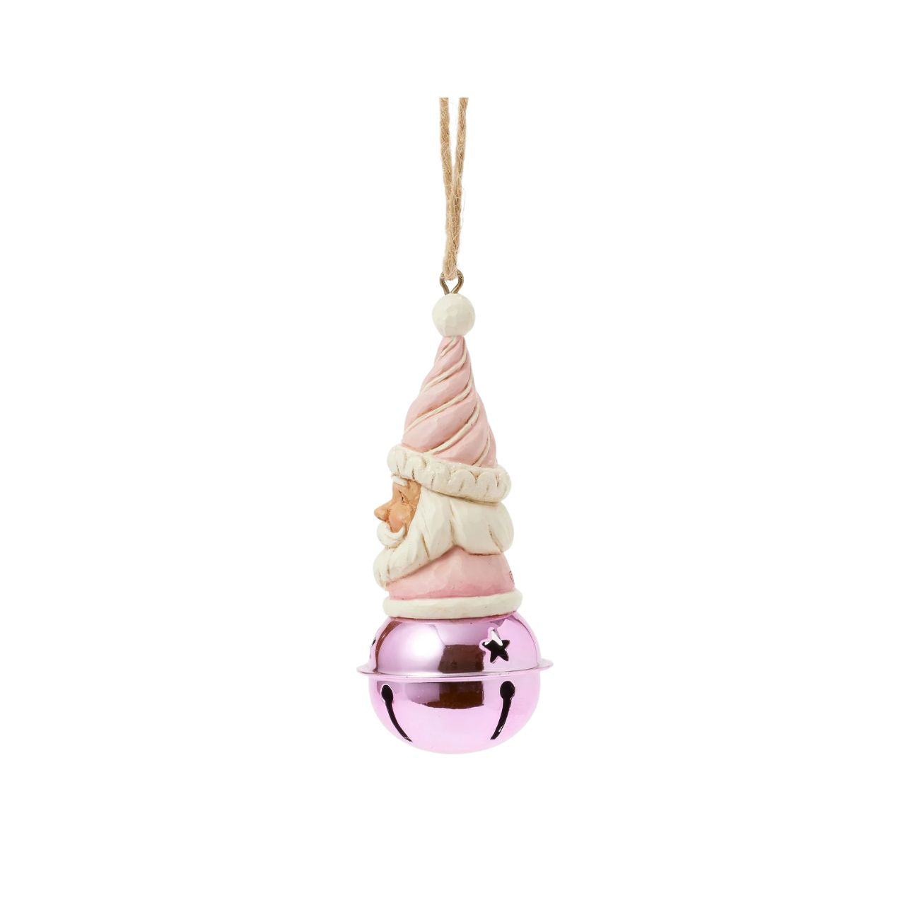 This delightful Jim Shore Heartwood Sweets jingle bell ornament features a charming miniature bust of Santa, complete with a pastel pink icing hat and rosy cheeks that exude holiday cheer. Ring in the season with Jim Shore.