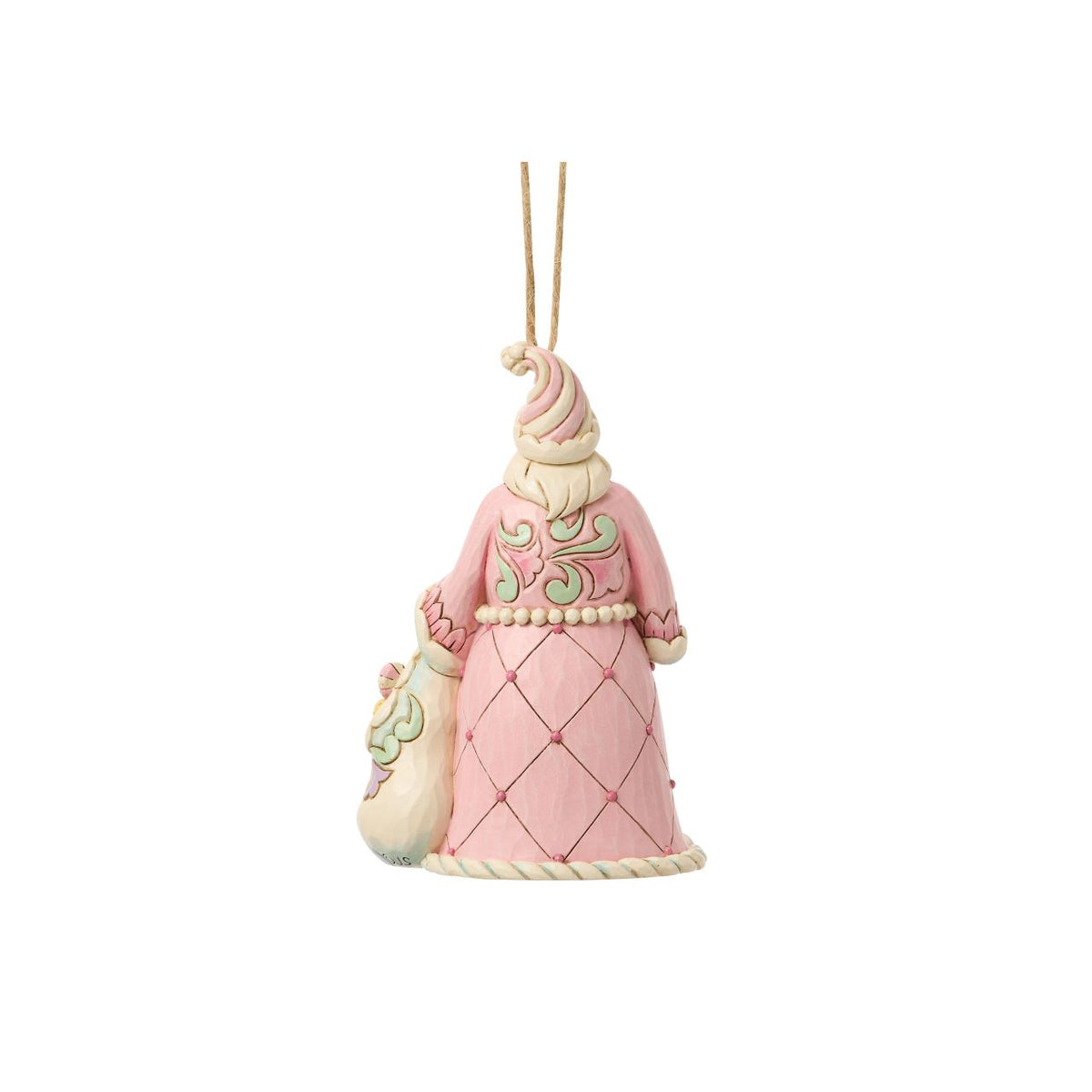 This cheerful Santa ornament carries a sack overflowing with colourful candy delights. Jim Shore's hand-painted details and rosemaling patterns give Santa a rich, festive charm. A sugary-sweet nod to childhood holiday dreams.