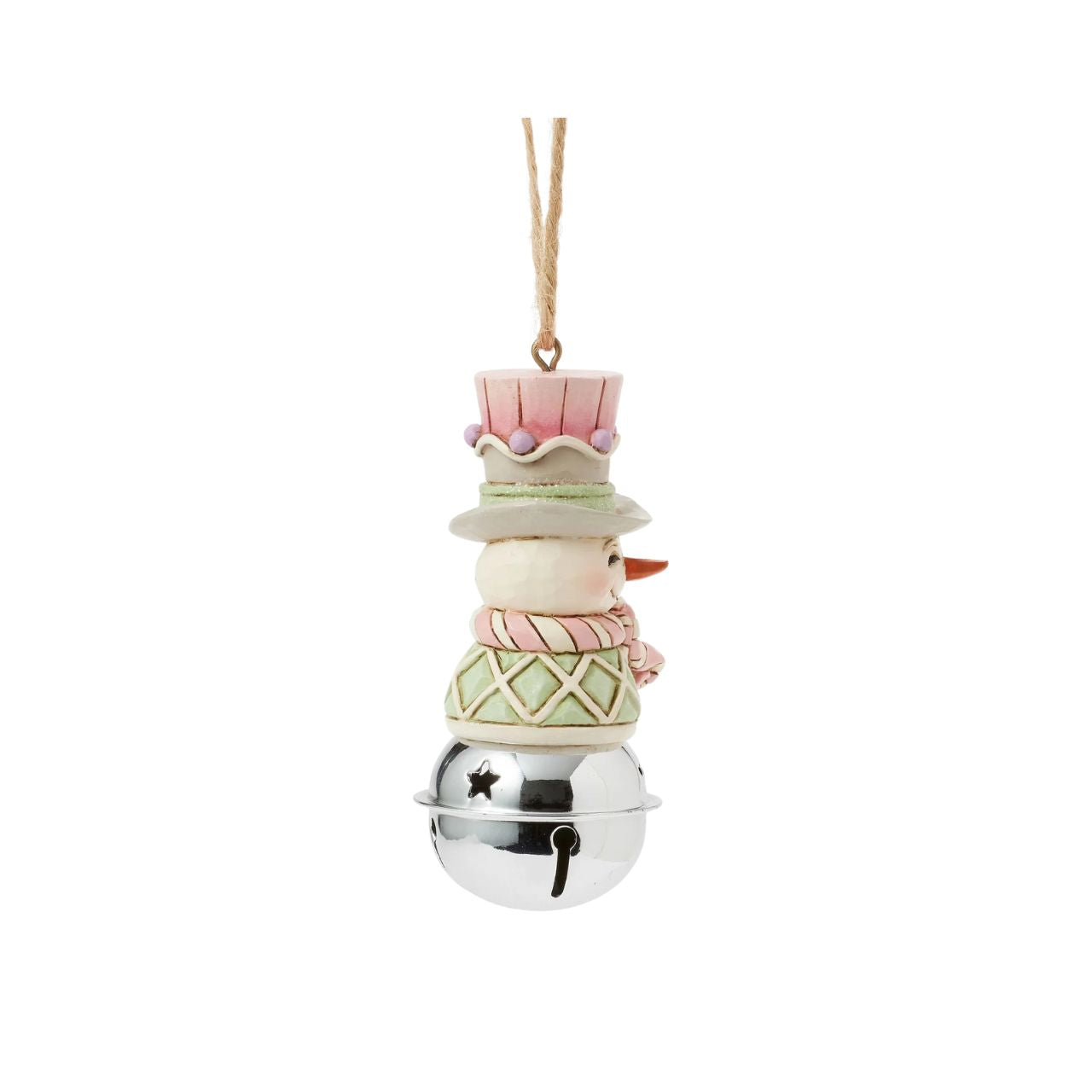 This delightful Jim Shore Heartwood Sweets jingle bell ornament features a charming miniature bust of a snowman, smiling in pastel decor, his vest is decorated with festive gumdrops. Ring in the season with Jim Shore.