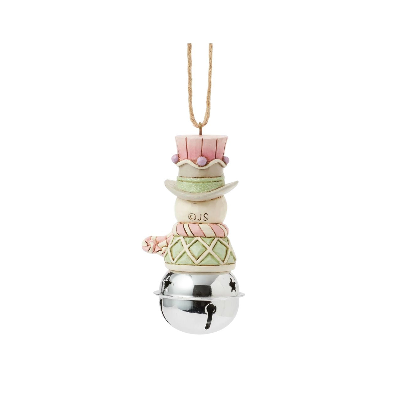 This delightful Jim Shore Heartwood Sweets jingle bell ornament features a charming miniature bust of a snowman, smiling in pastel decor, his vest is decorated with festive gumdrops. Ring in the season with Jim Shore.