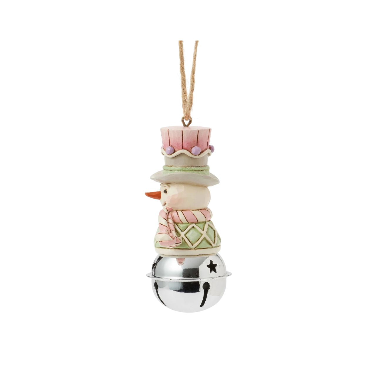 This delightful Jim Shore Heartwood Sweets jingle bell ornament features a charming miniature bust of a snowman, smiling in pastel decor, his vest is decorated with festive gumdrops. Ring in the season with Jim Shore.