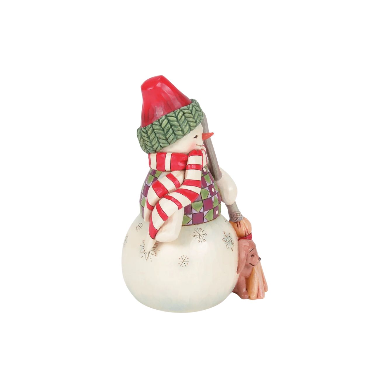 This Jim Shore snowman is dressed in a patterned tunic and holds a broom, and is accompanied by a precious pup peeking out with an excitable spirit. Together, they embody the joy of the season, spreading smiles and warmth through the snowy landscape.