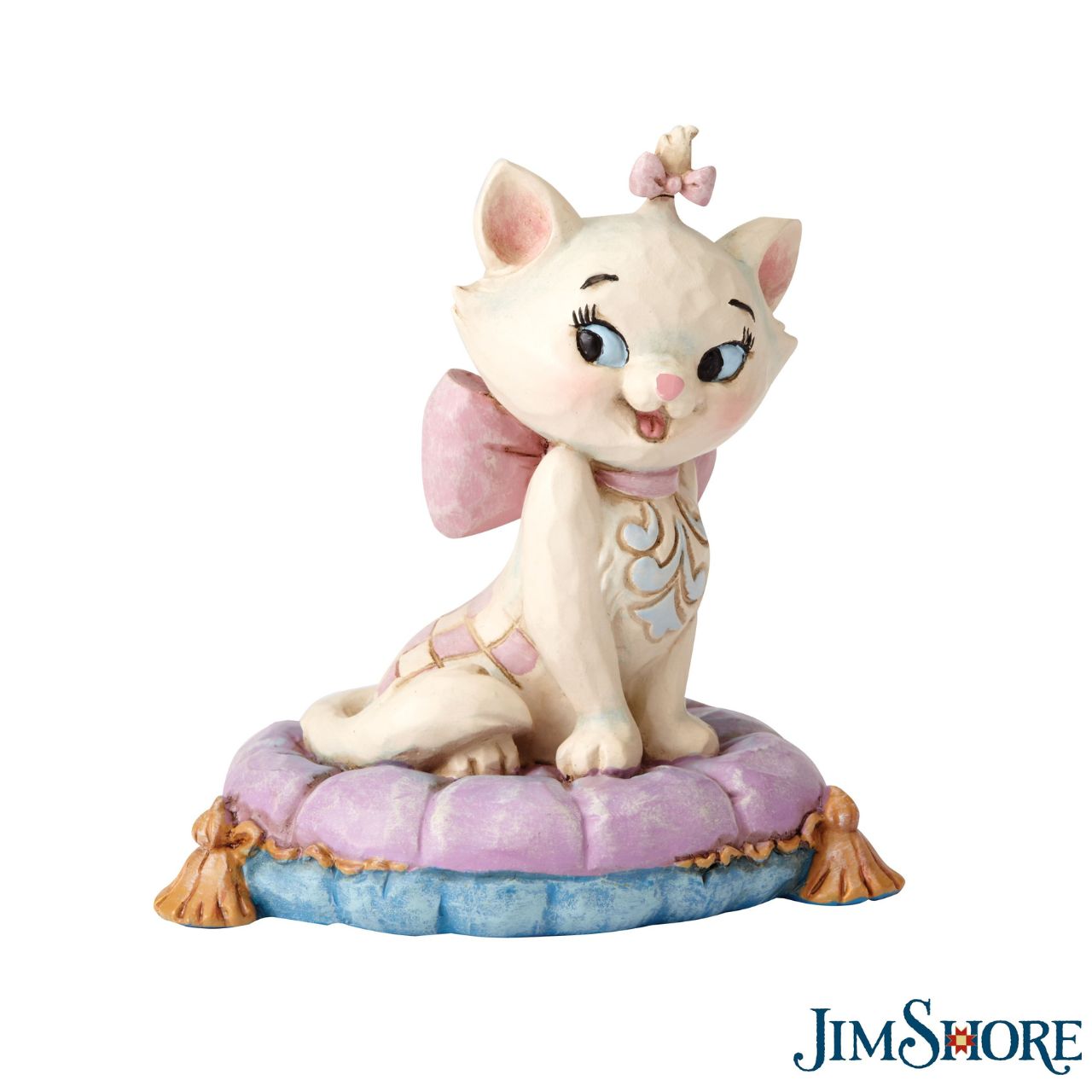 Jim Shore The Aristocats Marie on Pillow Mini Figurine  Beautifully crafted with delightful attention to detail, Jim Shore's charming miniatures capture the essence of the beloved Disney characters. Beguiling Marie poses on a purple pillow in this light-hearted scene from the classic film The Aristocats.