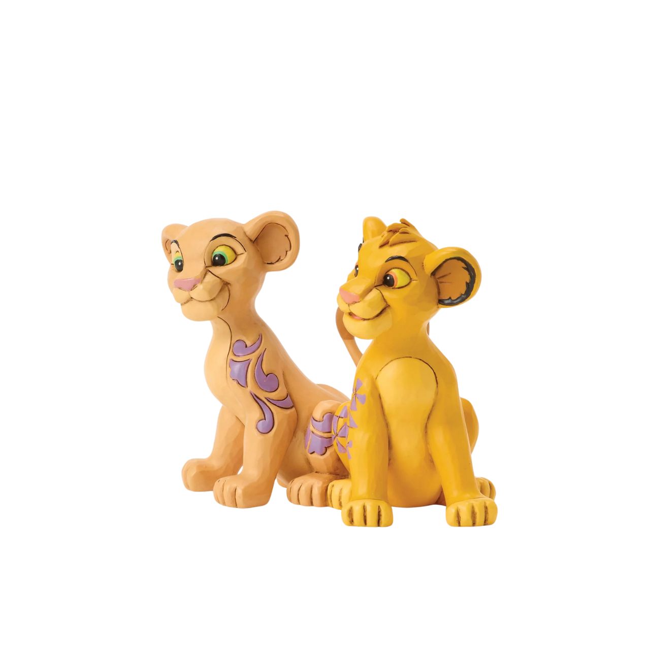 Celebrate the circle of love with Simba and Nala from Disney's Lion King, with this charming Jim Shore design featuring the young pair. Their tails form a heart as they sit close, adorned with Jim Shore's signature rosemaling and floral flourishes.