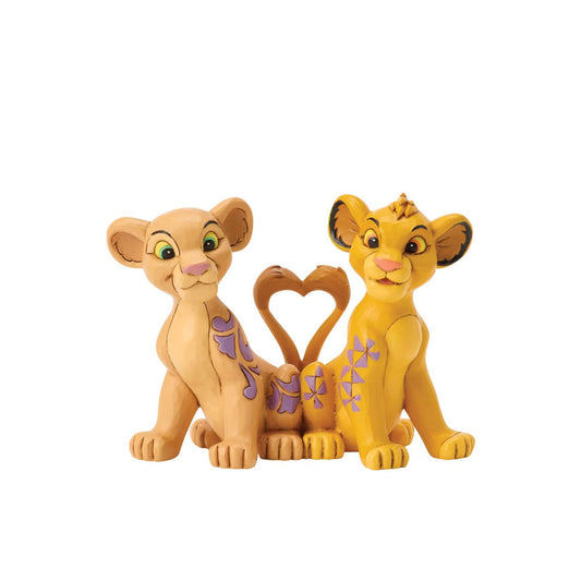 Celebrate the circle of love with Simba and Nala from Disney's Lion King, with this charming Jim Shore design featuring the young pair. Their tails form a heart as they sit close, adorned with Jim Shore's signature rosemaling and floral flourishes.