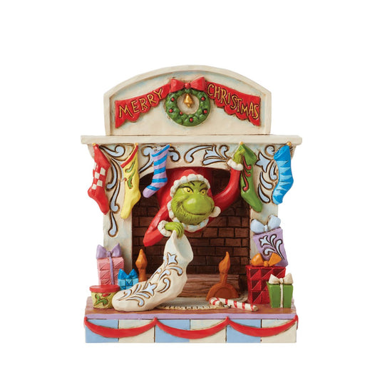 The Grinch Peaking out of a Fireplace Figurine  Jim Shore creates this figurine that captures the Grinch in all of his true glory. The Grinch is peeping out of the fireplace is stealing Christmas stockings.