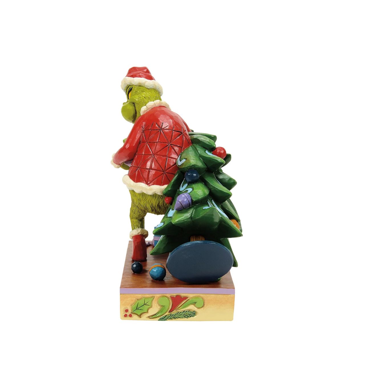Dressed as Santa, The Grinch has arrived to steal Christmas. He grabs the tree and tiptoes away from the crime scene. Intricate patterns and vibrant colours highlight the curmudgeon's mischievous spirit, bringing humour and artistry to your home.