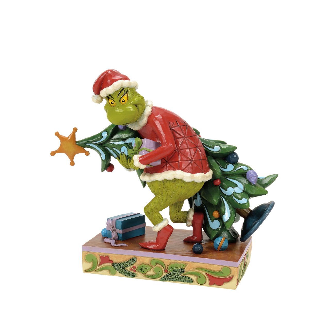 Dressed as Santa, The Grinch has arrived to steal Christmas. He grabs the tree and tiptoes away from the crime scene. Intricate patterns and vibrant colours highlight the curmudgeon's mischievous spirit, bringing humour and artistry to your home.