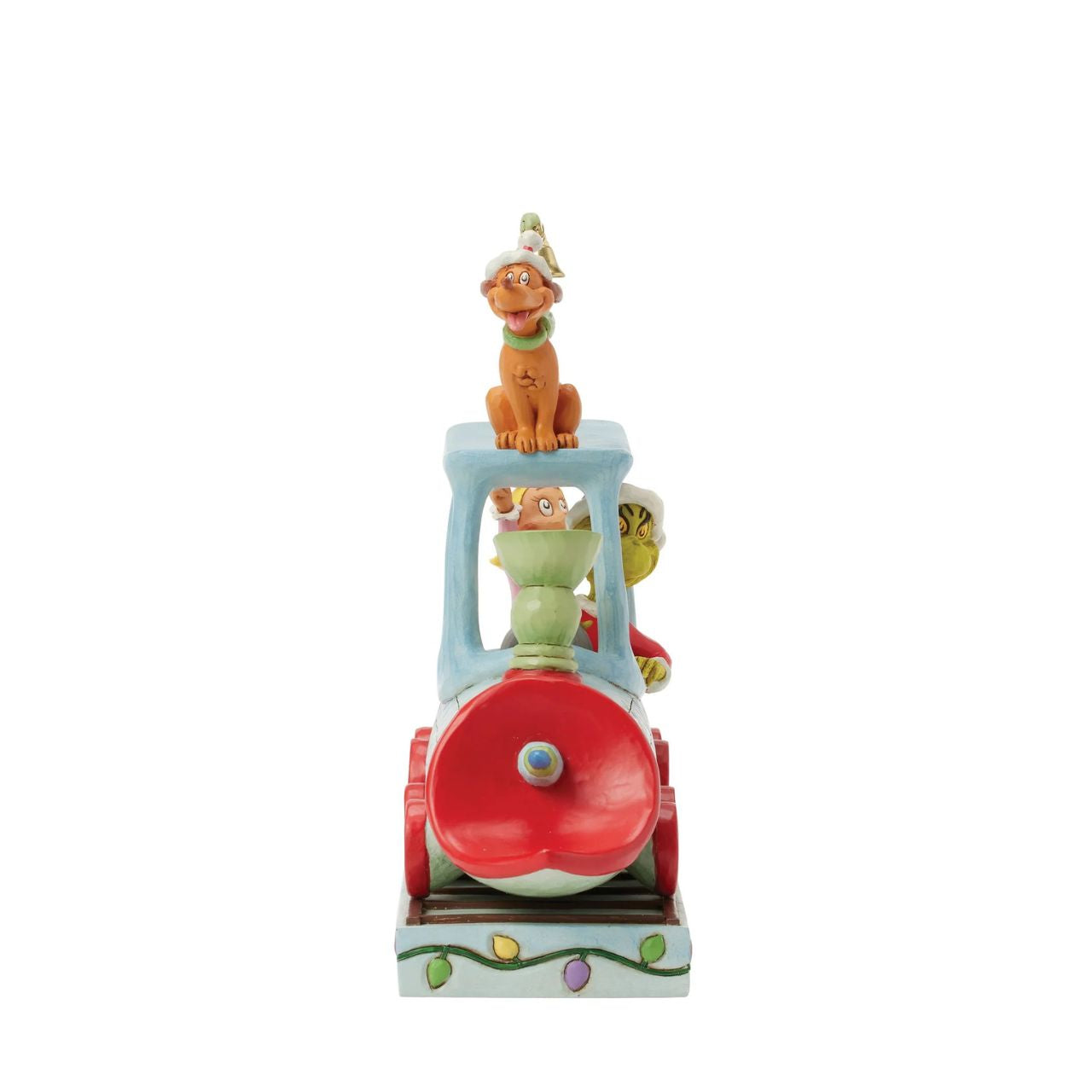 All aboard the Grinchy Express. In this charming Jim Shore creation, The Grinch steers a train engine adorned with delightful floral rosemaling. Max rides on top while Cindy Lou rings a real bell, bringing Seuss's classic tale to life with sound.