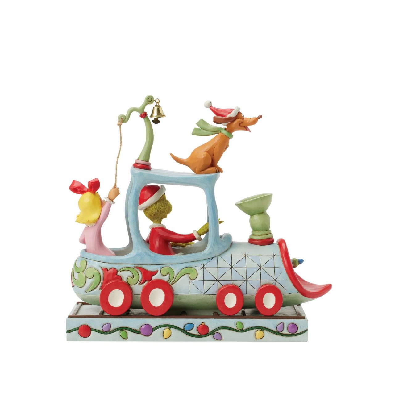 All aboard the Grinchy Express. In this charming Jim Shore creation, The Grinch steers a train engine adorned with delightful floral rosemaling. Max rides on top while Cindy Lou rings a real bell, bringing Seuss's classic tale to life with sound.