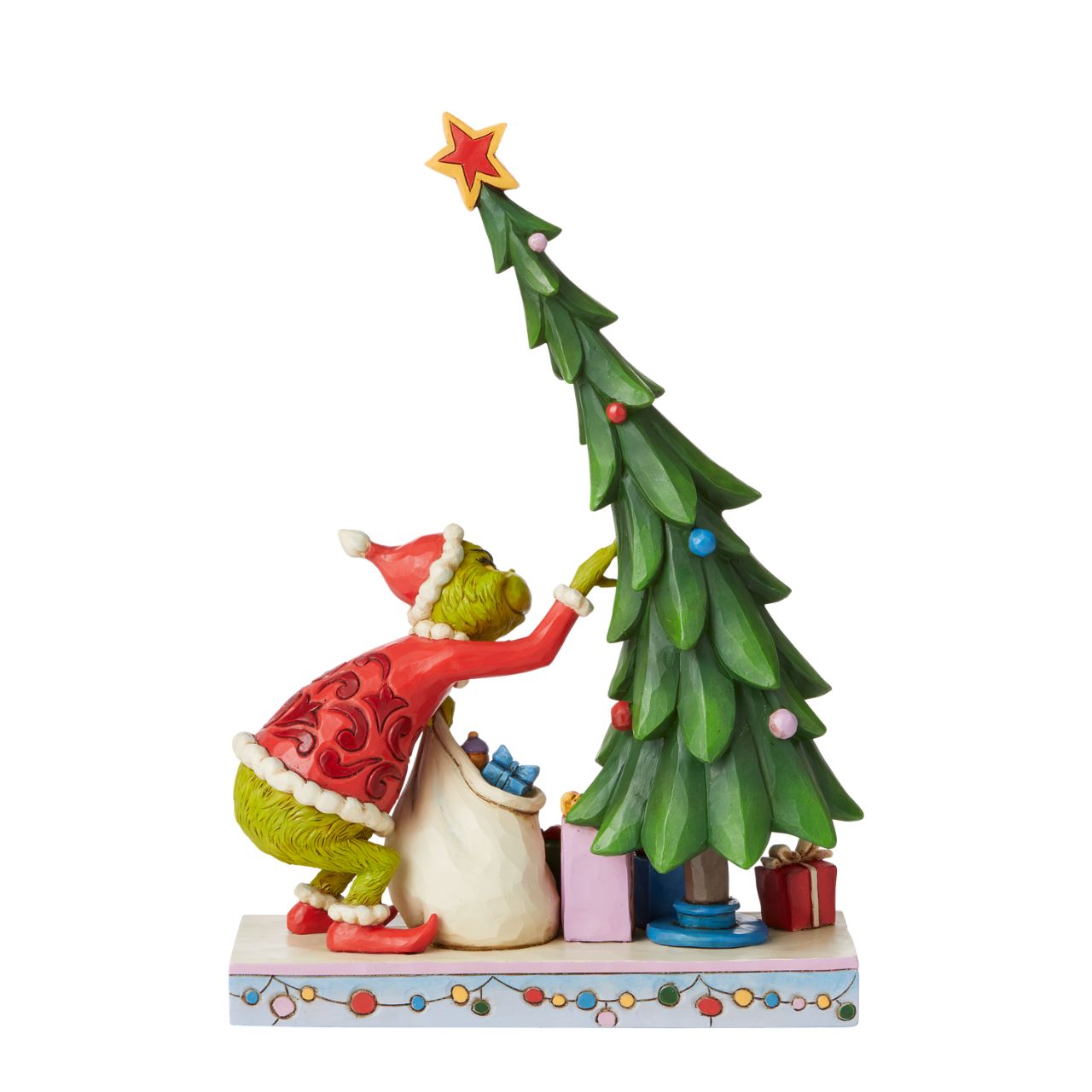 Grinch Undecorating Tree Figurine - The Grinch by Jim Shore  Award winning artist Jim Shore has created a piece that shows the iconic Grinch up to no good. The Grinch is mid-heist in this dazzling Jim Shore figurine. He deposits ornaments into his bag with that mischievous grin. Dressed as Santa, the Grinch takes gifts rather than gives them, but he'll surely bring your home some festivity.