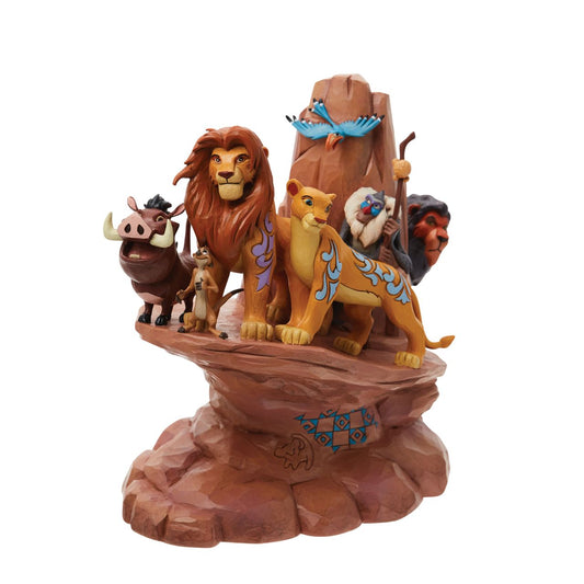 This incredible creation by Jim Shore celebrates the 30th anniversary of Disney's beloved 1994 film, The Lion King. With patchwork patterning and Rafiki's Simba drawing, Pride Rock looks stately as the main characters stand upon the stage.